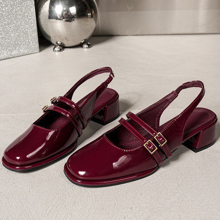 versatile Mary Jane shoes for women thick heel patent leather one-word buckle square