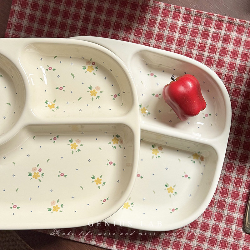 Ins-Style Floral Three-Compartment Plate, Cute Ceramic Breakfast Plate, Weight Loss Plate, Household Cup, Girls and Children's Divided Plate