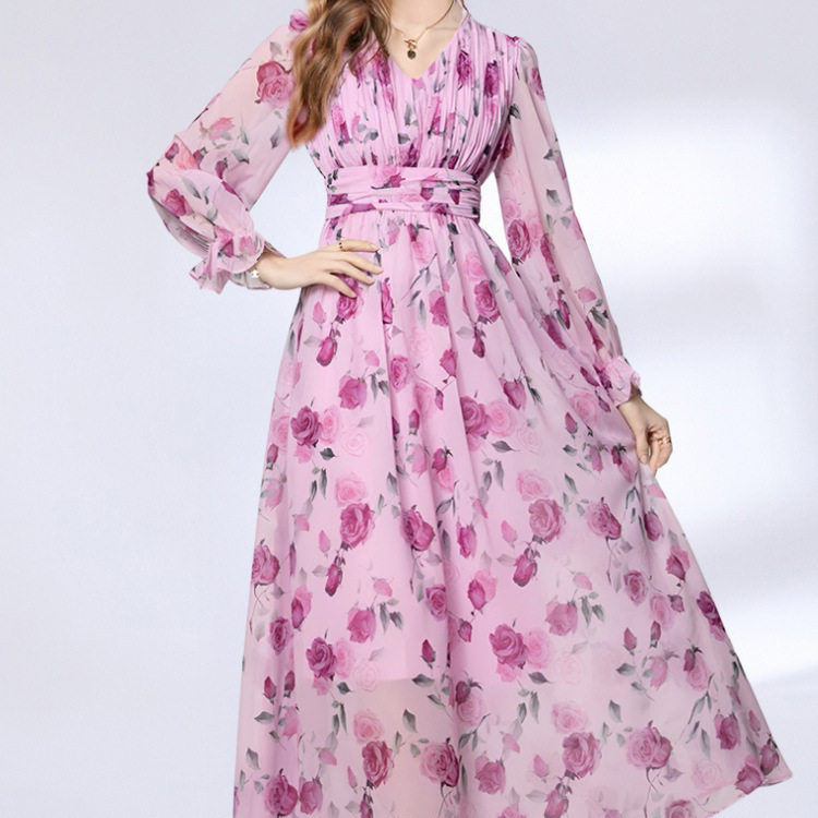 Elegant French Style Maxi Dress for Women High End Waist Defining Slim Fit Floral Print Chiffon Fabric Perfect