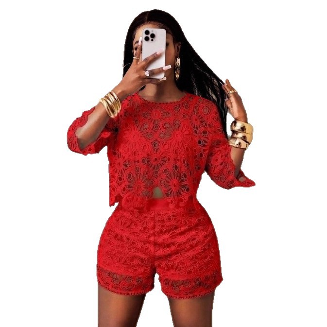 Womens Two Piece Set Solid Color Hollow Lace Slim Fit Elegant Design Perfect for Fall Occasions Wholesale