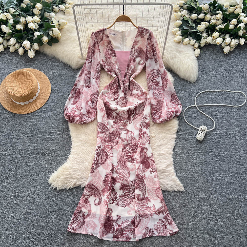 Elegant V Neck Floral Print Dress Lantern Sleeves Slim Fit Long Mermaid Style Perfect for Formal Occasions