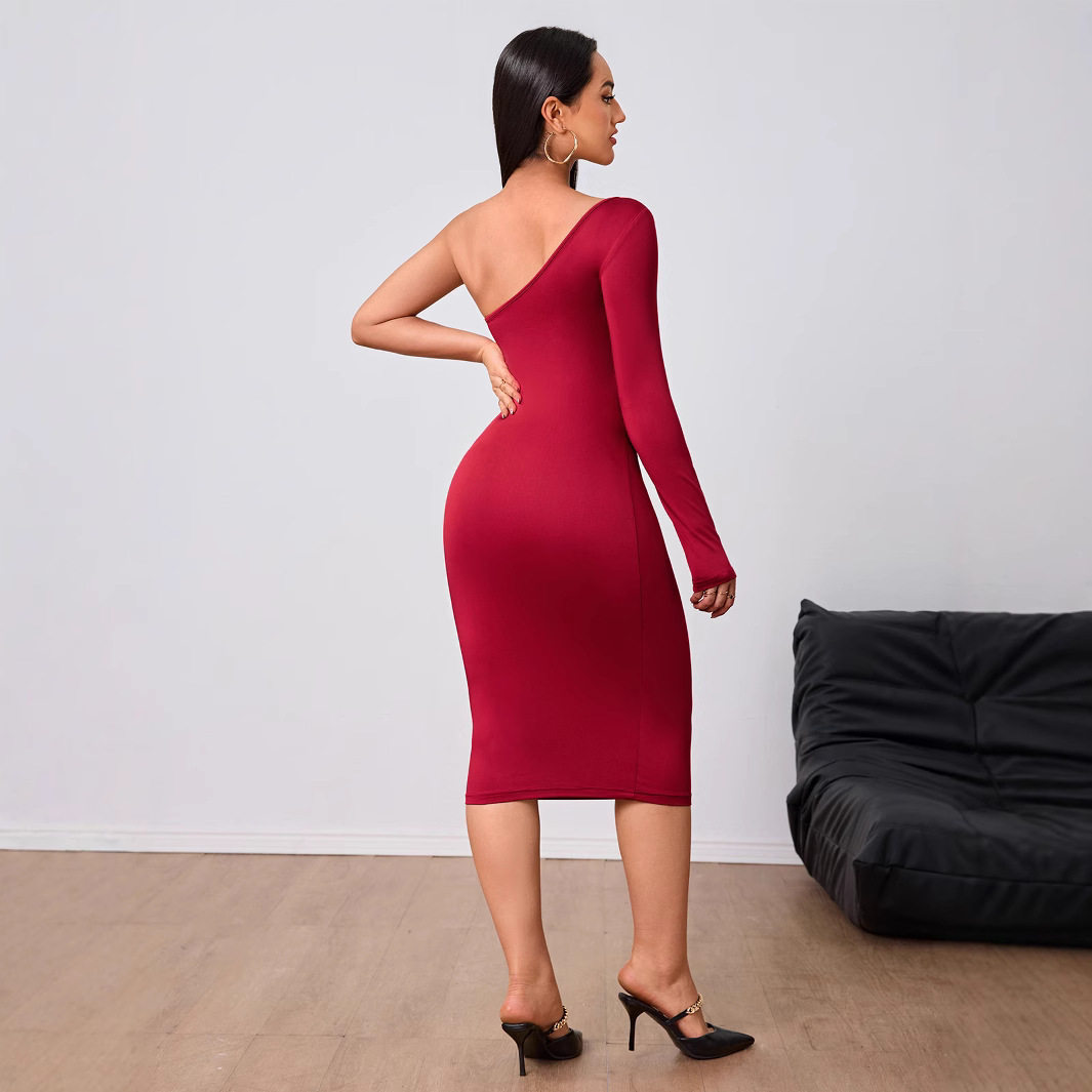 Wine Red One Shoulder Midi Dress Elegant Design Spring Summer Collection Perfect for Parties Wholesale Available