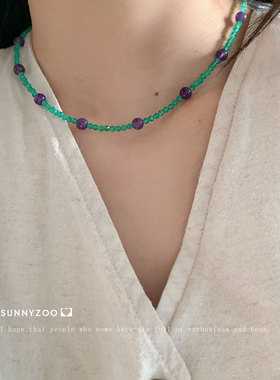 法鲁格林 天然紫水晶绿猫眼项链新中式小众串珠锁骨链钛钢颈链