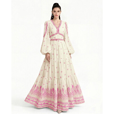 Elegant Floral Long Sleeve V Neck A Line Dress for Women High Waist Slim Fit Plus Size Romantic Pink for Special