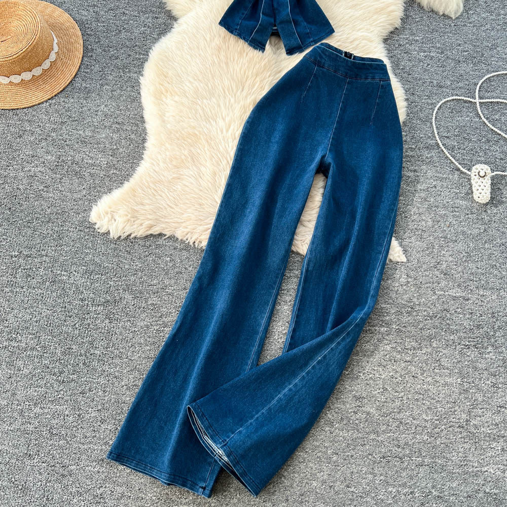 Denim Crop Top and High Waisted Wide Leg Pants Set Slim Fit Sleeveless Casual Style Spring Summer Collection