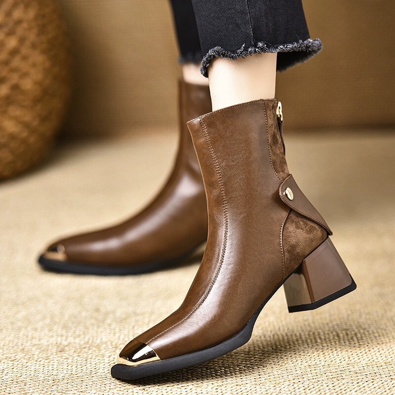 Boot nữ cổ thấp mũi vuông gót thô khóa kéo sau — Màu đen, Màu nâu