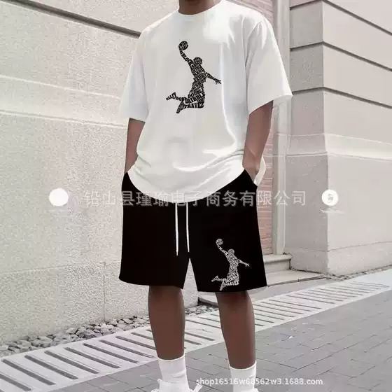 Popular Foreign Trade Item: Loose-Fitting Basketball-Style Sports Set, Men's Casual Short-Sleeve and Shorts Two-Piece Set in Stock