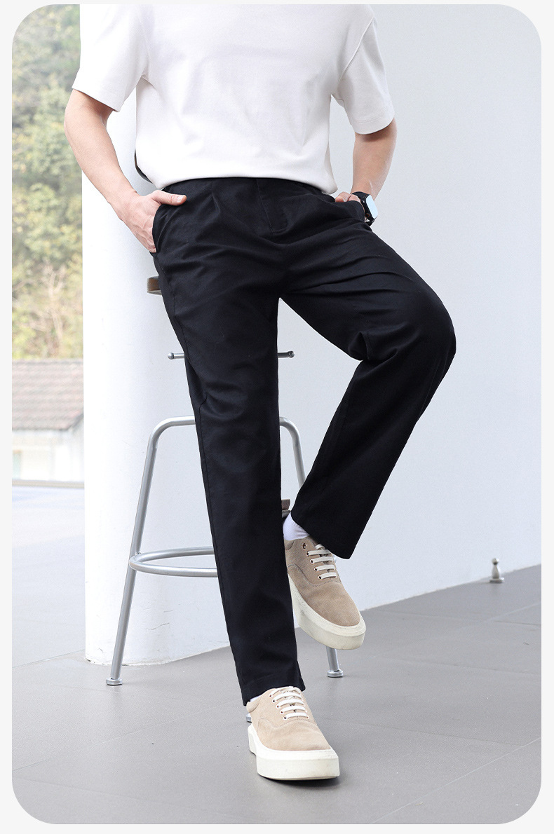 Quần dài nam vải tencel cotton lanh ống đứng co giãn lưng thun thoáng mát — màu đen, Xanh tím than, Màu trắng, Màu kaki