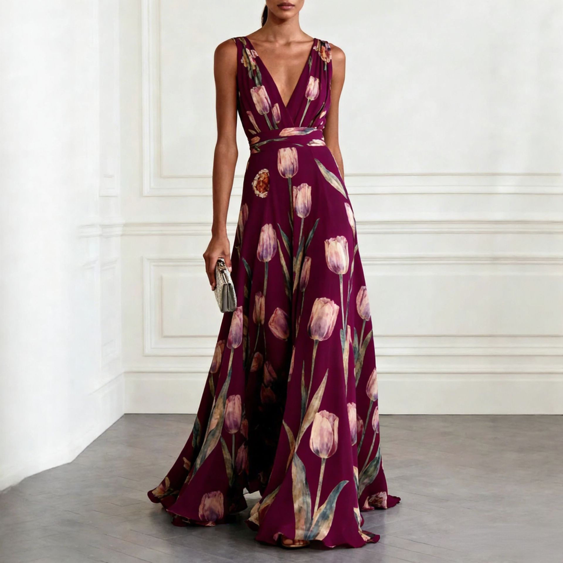 Floral Maxi Dress Summer Style Loose Fit V Neck Sleeveless Waist Defined Casual Wear Wholesale Available
