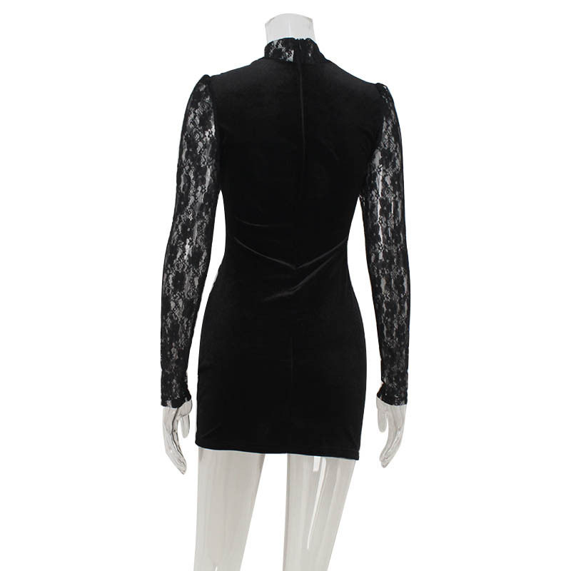 High Neck Long Sleeve Lace Sheer Velvet Dress Elegant Fitted Bodycon Style Perfect for Evening Events Wholesale