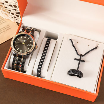 4 pcs/set Diablo Cool Men's Large Dial Watch Bracelet Personality Cross Necklace Ring suit