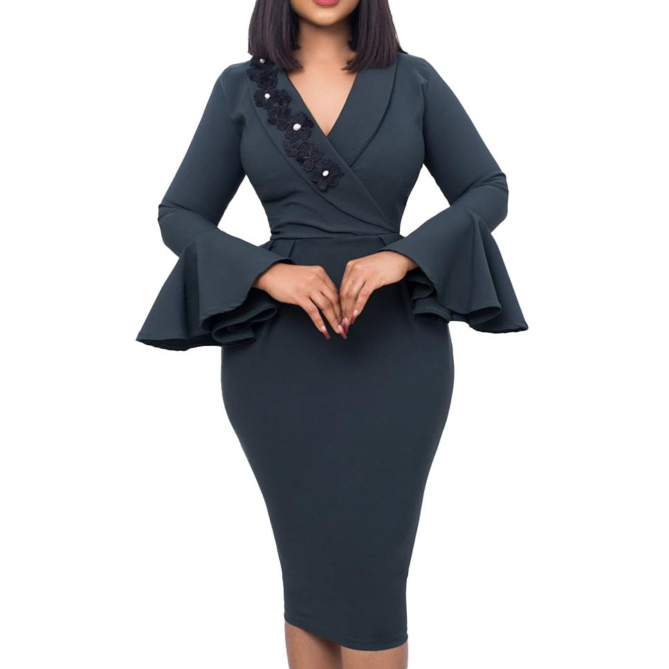Elegant V Neck Bodycon Dress Bell Sleeves Split Hem Autumn Winter Style Wholesale Womens Fashion Apparel