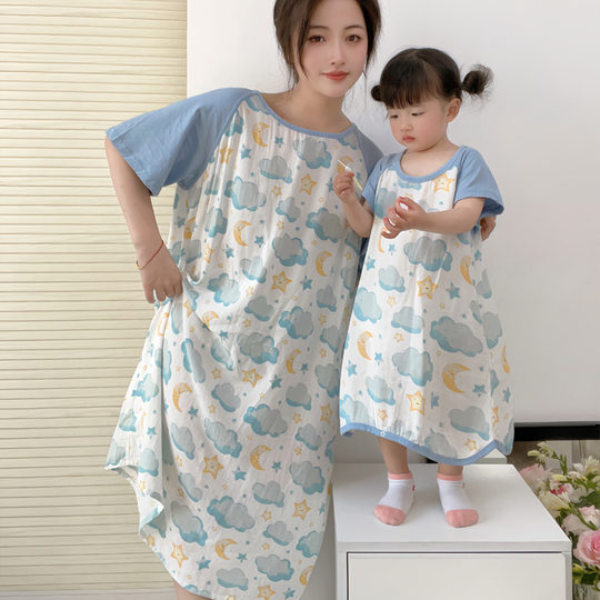 新品竹棉纱布短袖亲子装睡裙 宝宝居家服儿童睡衣 女童家居服夏季