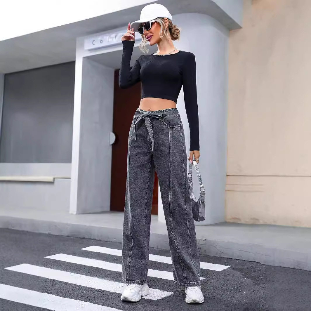 Casual High Waisted Irregular Denim Pants Slim Fit Lace Up Design Trendy Style Perfect for Everyday Wear Wholesale