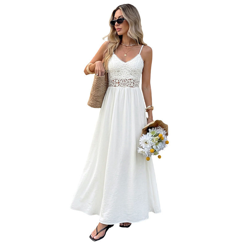 Sleeveless Crochet Embroidered Dress Solid Color Sexy Style Vacation Ready Wholesale Available