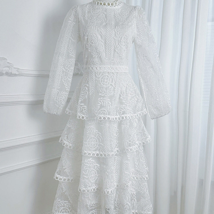 Elegant French Style Long Dress for Women High End Embroidery Ruffled Hem Waist Defined Perfect for Autumn Events