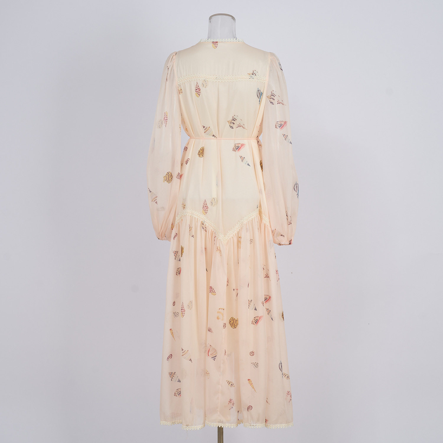 Vintage French Style Lace Trimmed Dress Elegant Waist Tie Lantern Sleeves Floral Print Perfect for Formal Events