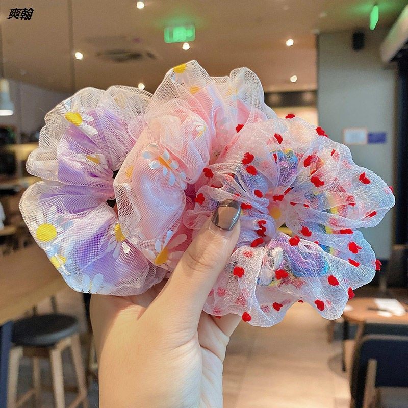 Rainbow Bowel Hair Ring Children's Leather Band ins Ring College Style Head Rope Fairy Qi Fat Intestines Retro Women's French Style Ball Head