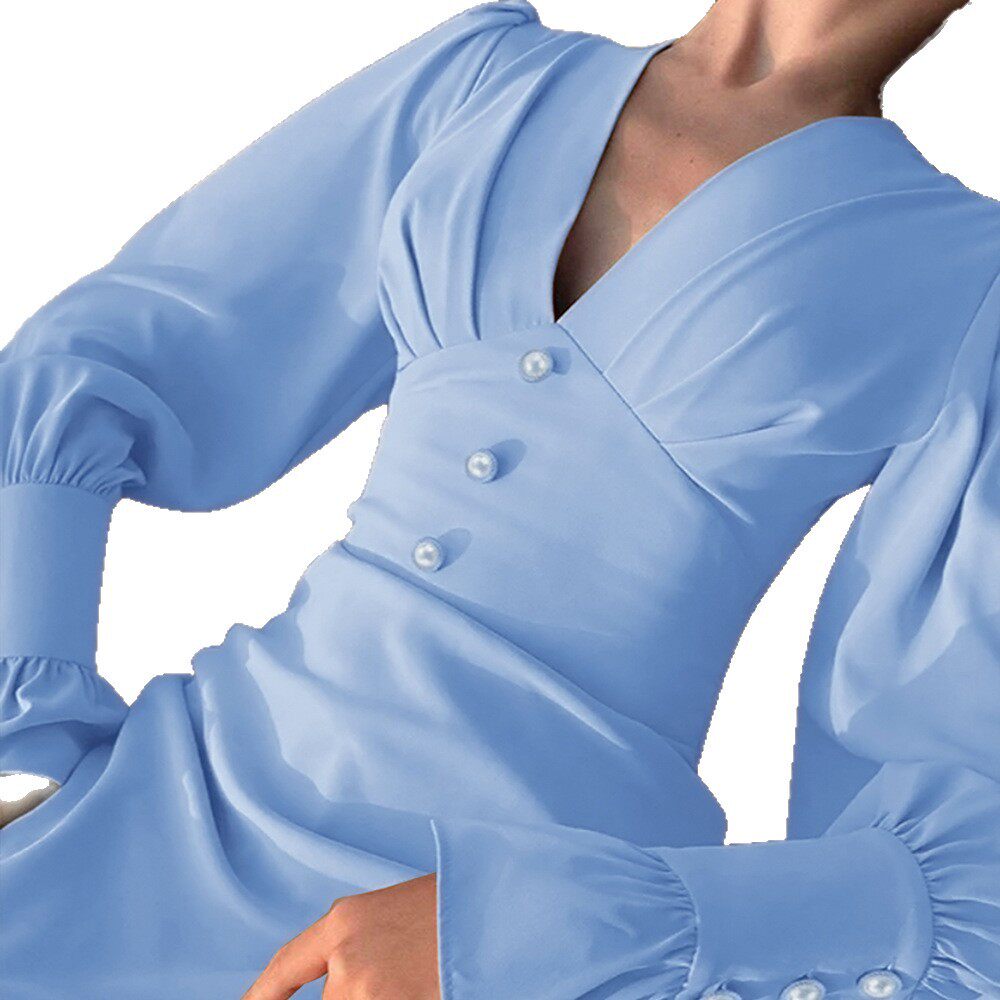 Elegant A Line Dress Deep V Neck Button Detail Waist Cinching Lantern Sleeves Perfect for Office Wear Wholesale