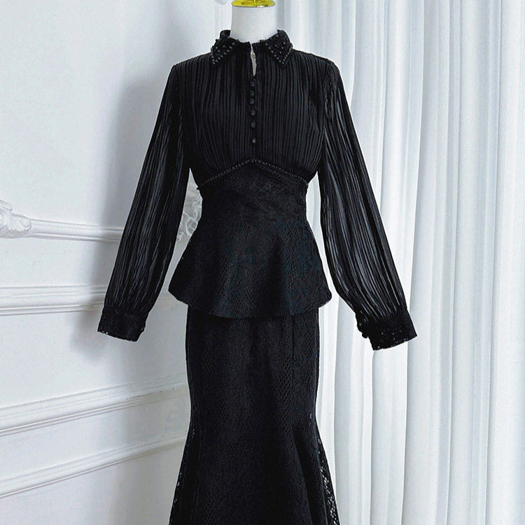Chiffon Top with Lace Skirt Set Elegant Beaded Jacket Mermaid Hem Chic Design Perfect for Parties and Special