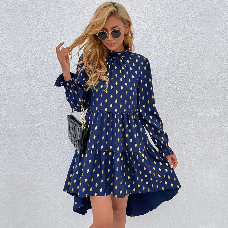 Polka Dot Midi Dress Gold Foil Print Loose Fit Half Turtleneck Casual Wear for Women Wholesale Available