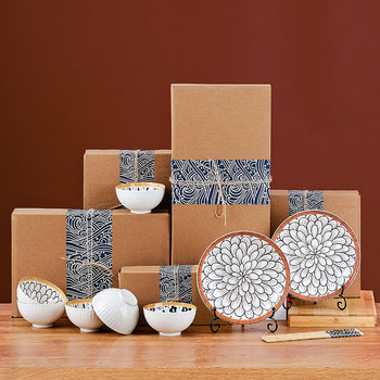 Japanese Bowls and Chopsticks Set High-End Gift Box Underglaze Color Bowls and Plates Cross-Border Ceramic Set Bowls Wholesale Small Gift Tableware