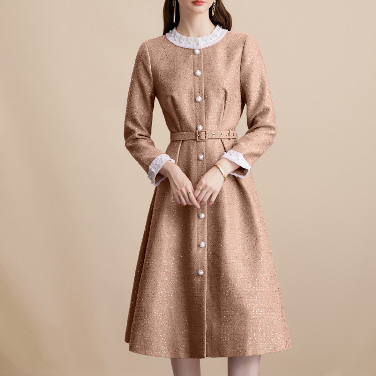 French Vintage Elegant Slim Fit Dress Round Neck Single Breasted Includes Waist Belt Autumn Fashion for Women