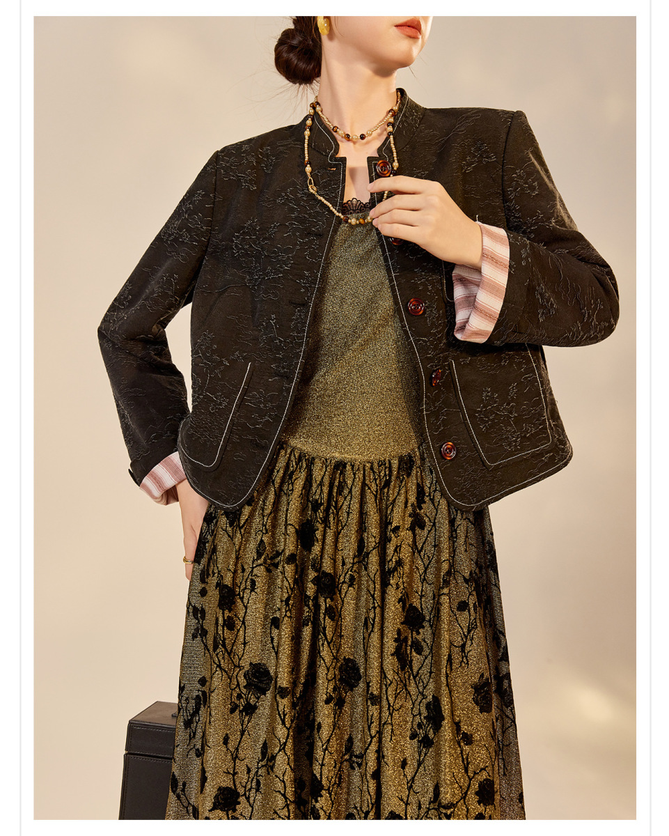 Áo khoác ngắn dệt jacquard họa tiết hoa cổ tròn tay dài phong cách retro — Lan Dạ Hắc (giao hàng 7 ngày)