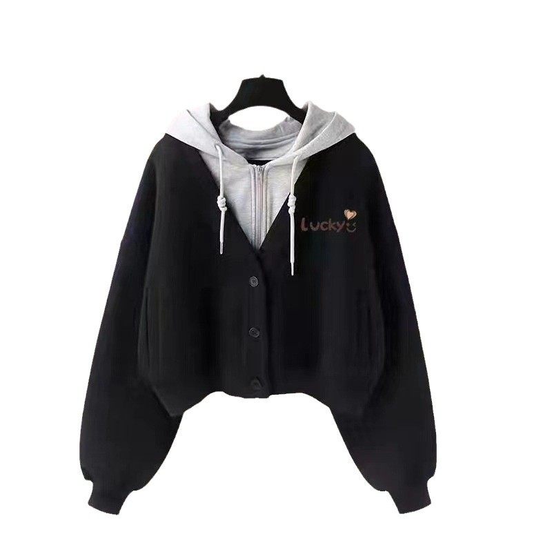 College style suit female junior high school students autumn and winter suit 2024 new fake two-piece hooded sweater casual pants two-piece set