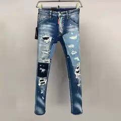 25 New Men's Skinny Jeans D2 Washed Blue Distressed Full-Length Large Holes Patchwork Ripped Slightly Stretchy