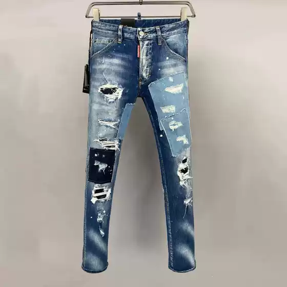 25 New Men's Skinny Jeans D2 Washed Blue Distressed Full-Length Large Holes Patchwork Ripped Slightly Stretchy