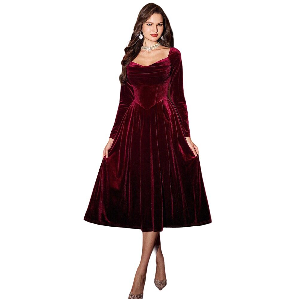 Wine Red Velvet Long Sleeve Square Neck A Line Dress Vintage Style Spring Summer Occasion Wholesale Available