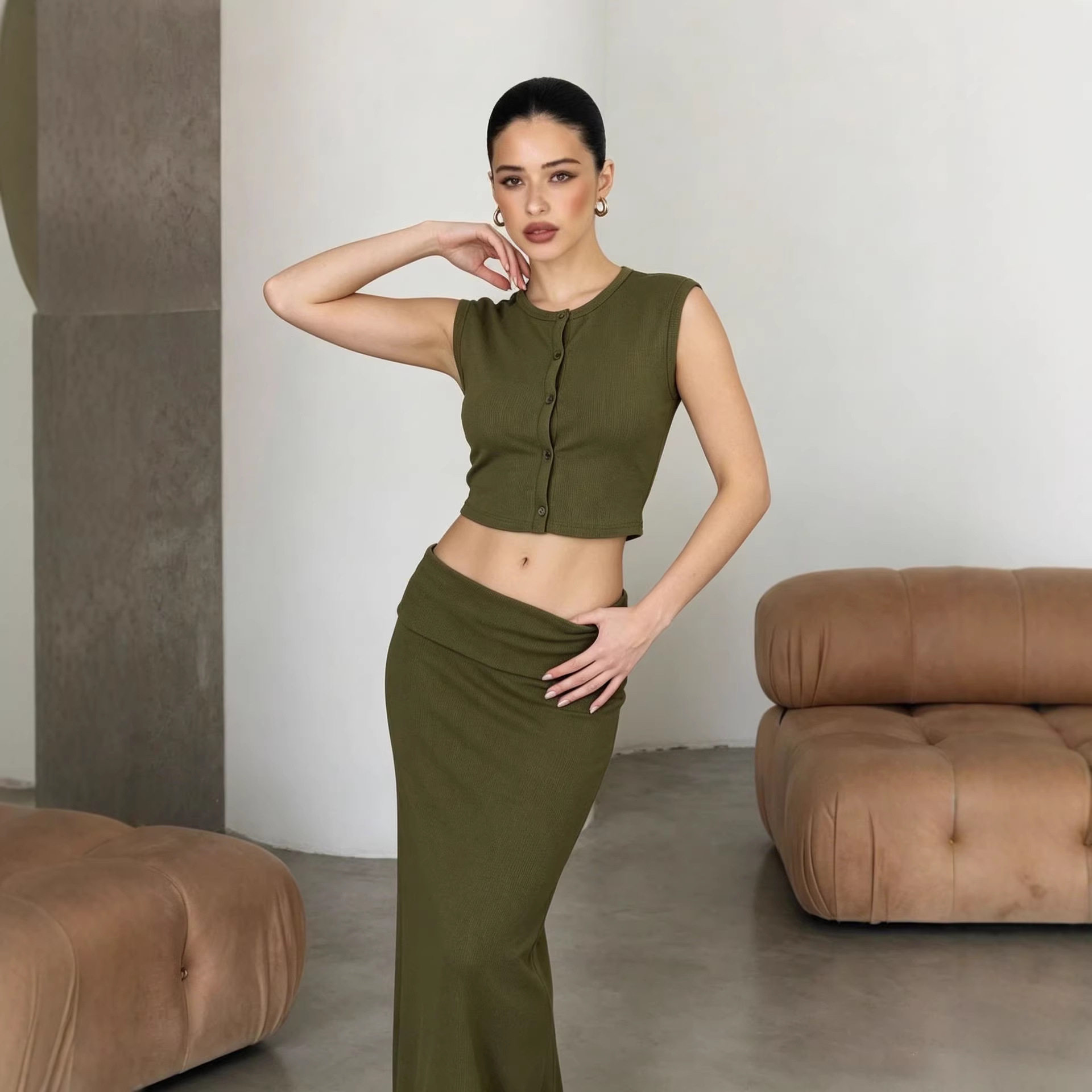 Soft Modal Two Piece Set for Women Sleeveless Top Mermaid Skirt Casual Spring Summer Style Wholesale Available