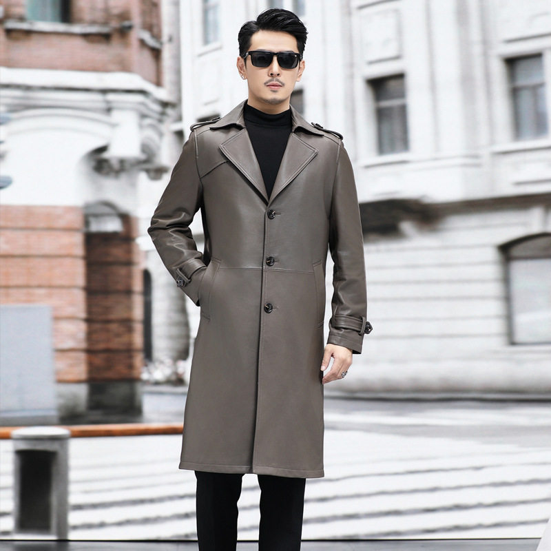 Áo Khoác Da Thật Dáng Dài Quá Gối Cổ chữ Vest Ôm Dáng Phong Cách Lịch Lãm Màu Xám, Đen