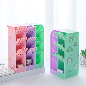 Four-Compartment Large-Capacity Storage Pen Holder Multi-Functional Cartoon Creative Oblique Pen Barrel Cute Macaron Color Student Stationery