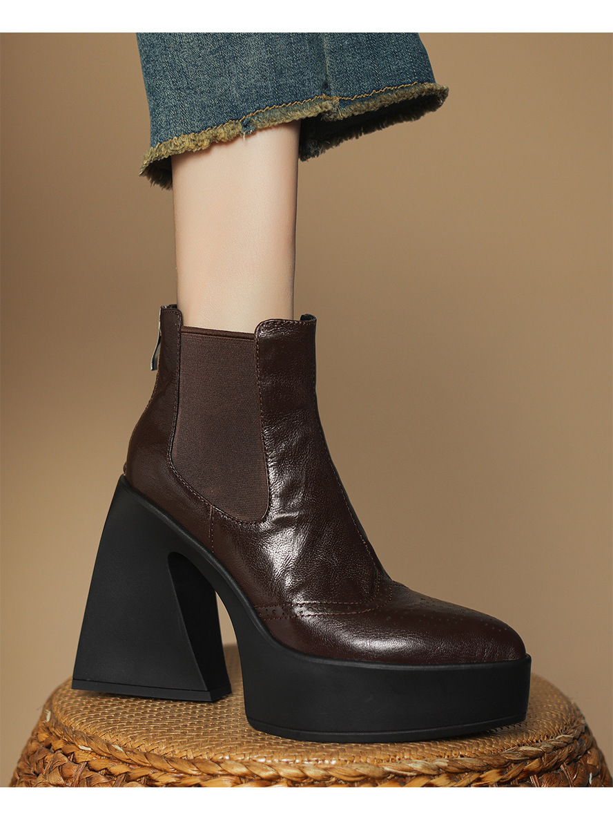 Boot nữ cổ thấp gót thô mũi nhọn phong cách Chelsea — Màu đen lót một lớp, Màu đen lót nhung, Màu nâu lót một lớp, Màu nâu lót nhung