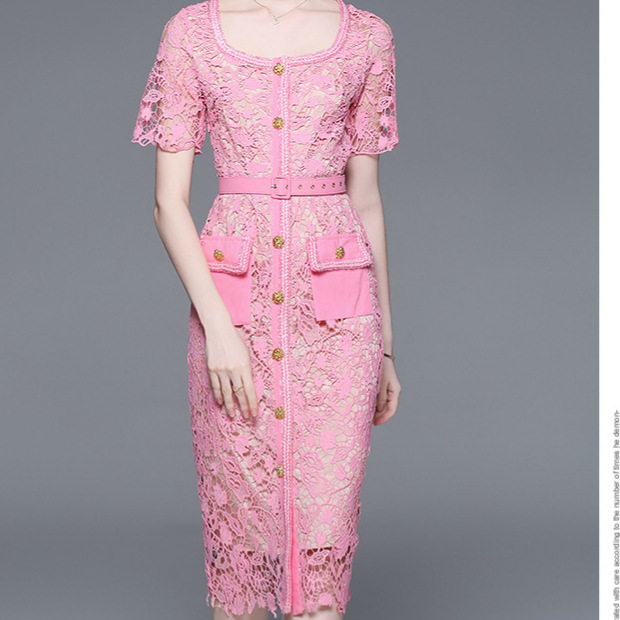 Lace Square Neck Dress Summer Lightweight Luxury Design Embroidered Hollow Out Elegant Occasion Wear Wholesale