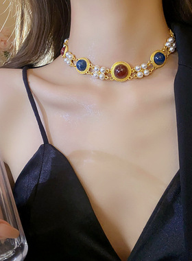 中古蓝红撞色项链女2025新款潮爆款复古宫廷风锁骨链个性礼服颈链