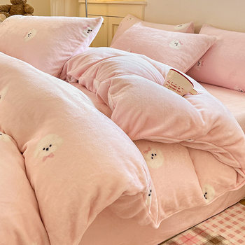 Milk Velvet Four-Piece Set, Winter Thickened Coral Fleece Duvet Cover, Nantong Bedding, Winter Fleece-Lined Bed Sheet and Duvet Cover 4