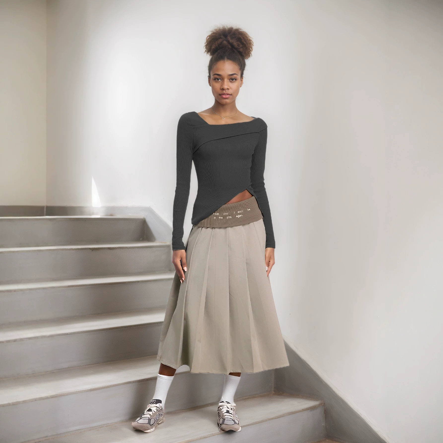 Womens Slim Fit Solid Color Irregular Long Sleeve T Shirt Elegant Versatile Korean Style Perfect for Casual Wear