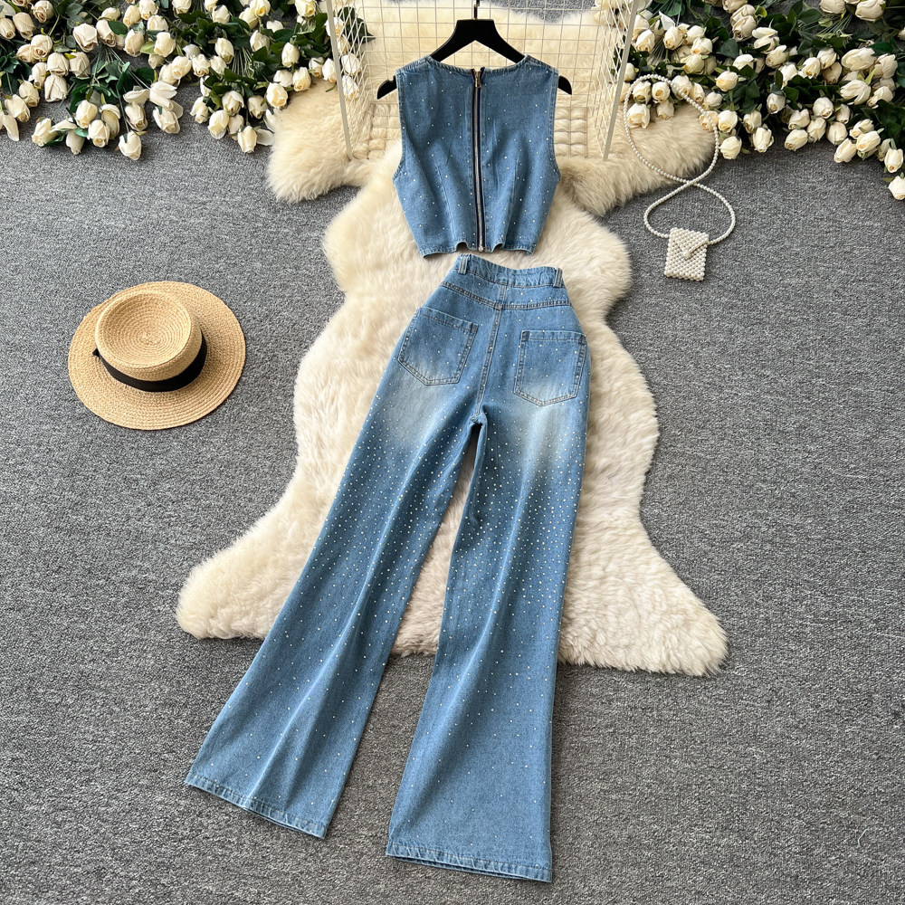 Korean Style Womens Denim Set Summer Halter Top High Waisted Wide Leg Pants Chic Office Wear Wholesale Available