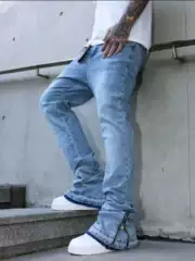 American-Style Cross-Border High-Street Jeans for Men, Slightly Flared, Loose Fit, Washed Light Blue, Trendy Brand, Stretchy Straight-Leg Pants, Street Fashion Men's Clothing