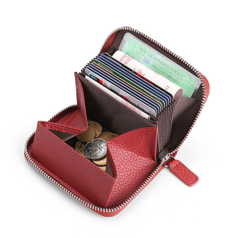 Amazon Japanese and Korean Genuine Leather Card Holder Men's and Women's Wallet Short Style Purse Accordion Card Holder Zipper Coin Purse Cowhide