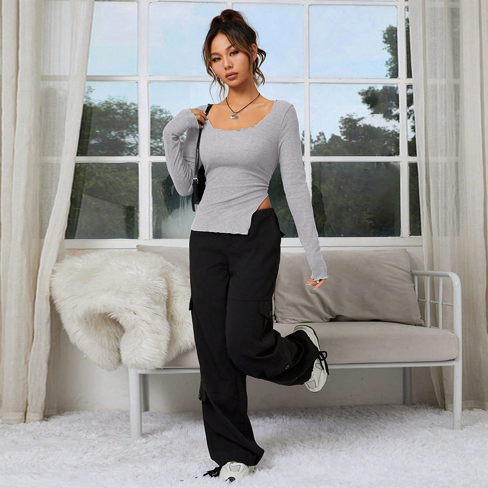 Slim Fit Long Sleeve U Neck T Shirt Asymmetrical Design Cut Out Detail Short Length Casual Wear for Women OEM