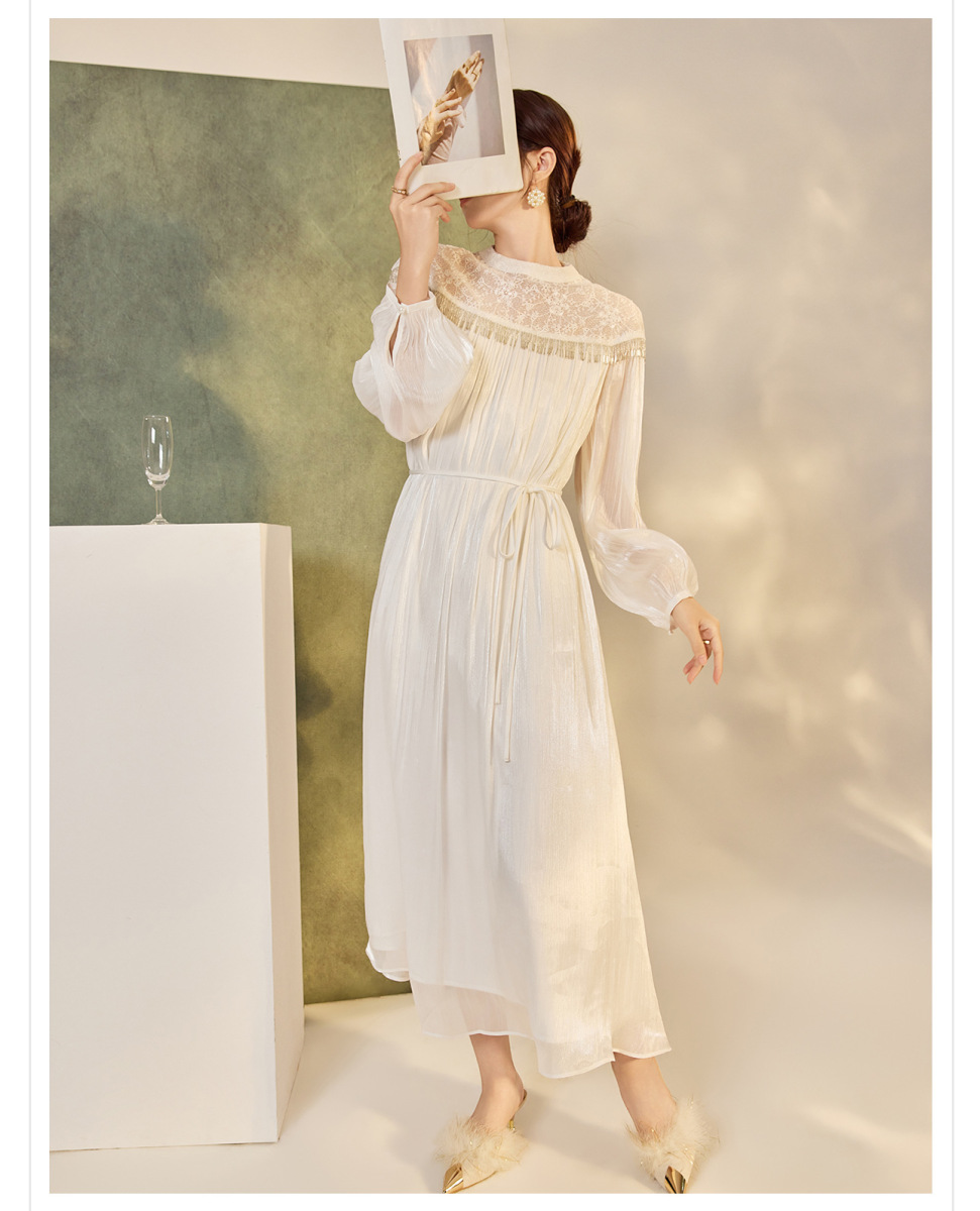 Đầm dài tay ren tua rua dáng xòe thanh lịch — Trắng lụa tuyết (giao hàng trong ngày), Trắng tuyết satin (giao hàng trong 7 ngày)