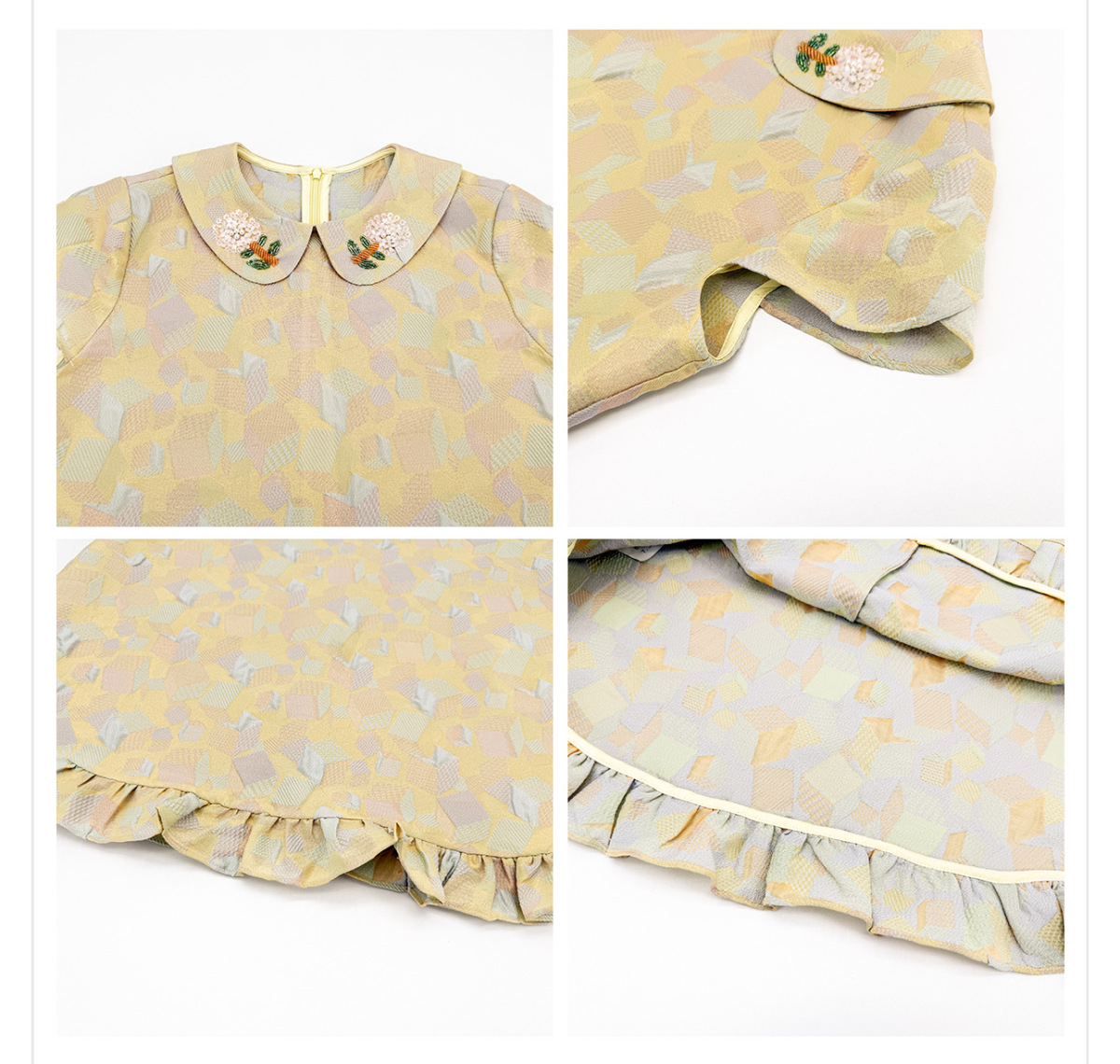 Đầm liền họa tiết jacquard cổ búp bê tay ngắn dáng chữ A — Phô mai vàng (giao hàng trong 7 ngày), Phô mai vàng (giao hàng trong ngày)