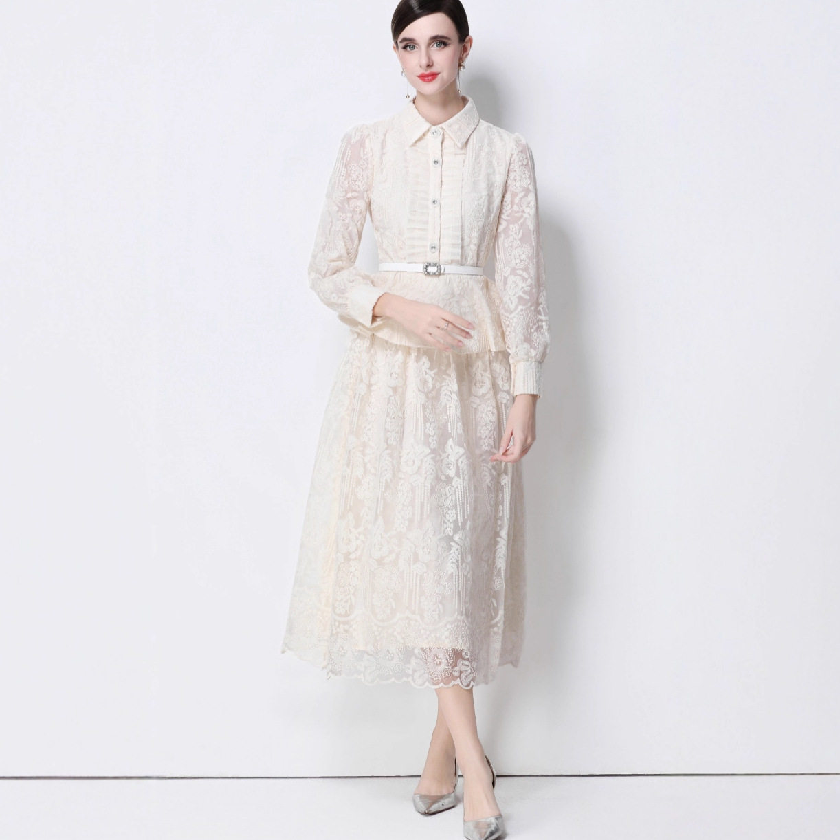 French Style Embroidered Chiffon Dress Ruffled Hem Waist Defining Elegant Design Perfect for Formal Events