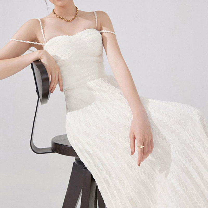 Đầm maxi nữ thắt eo dáng suông không tay, cổ yếm, cạp cao — Trắng, Ka ki
