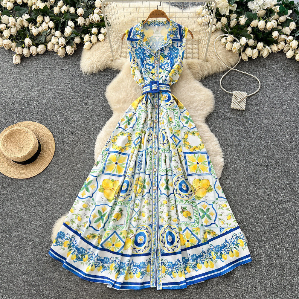 Sleeveless Floral Print Dress Korean Style Tie Waist A Line Silhouette Elegant Summer Vacation Wear Wholesale
