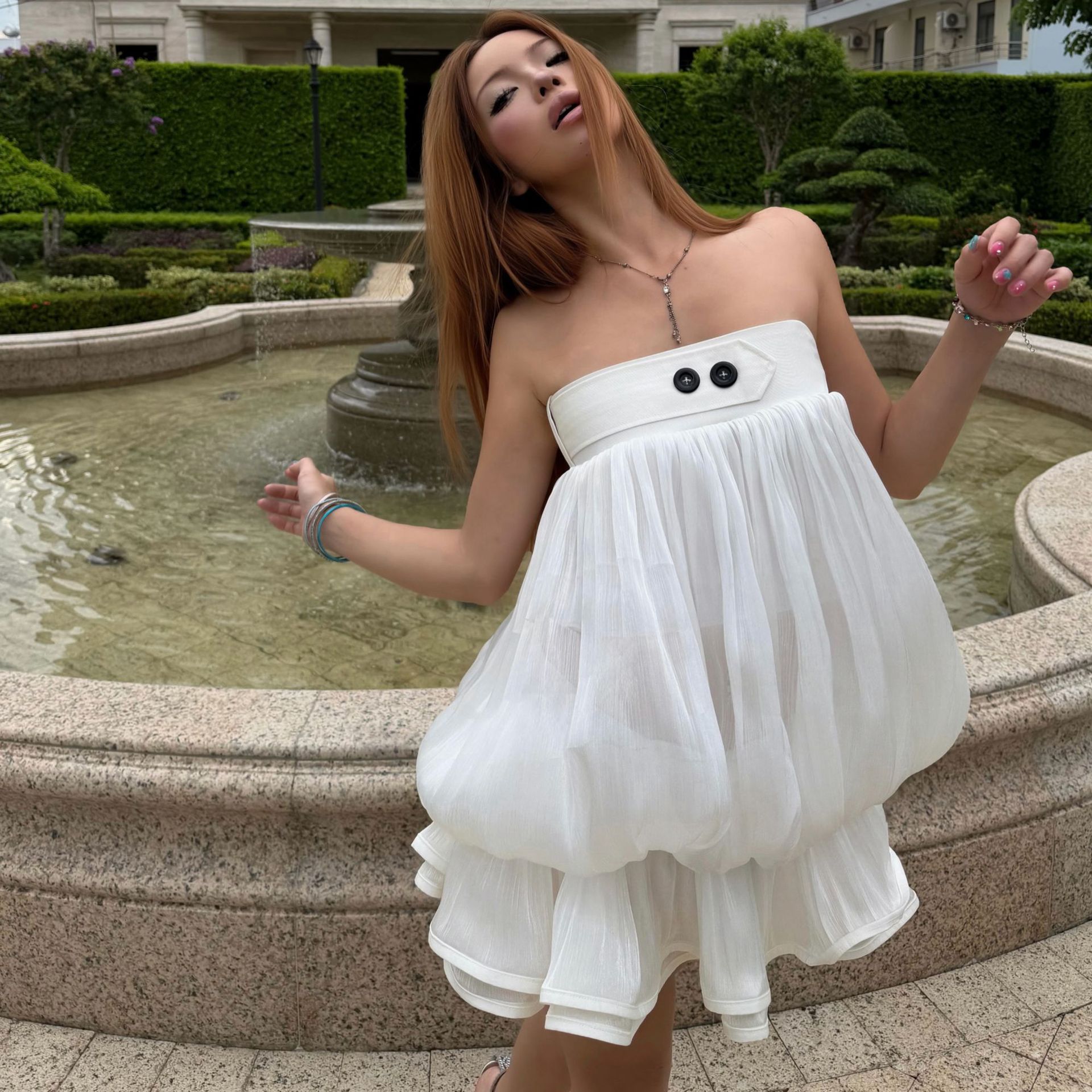 Chic Womens Summer Dress French Style Sweet and Spicy Strapless Floral Chiffon Sheer Design Perfect for Parties